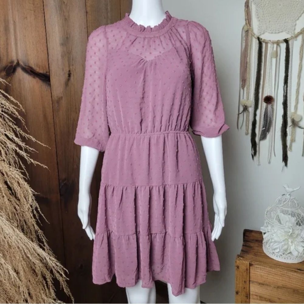 monteau S Mauve Pink Swiss Polka Dot Long Sleeve Mock-neck Tiered Dress